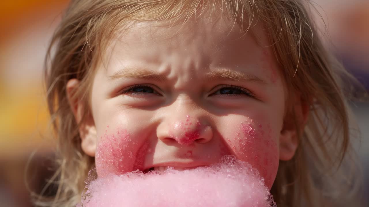 Eating preschool girl raising pink cotton candy to face at sunny fair, sampling sweet treat