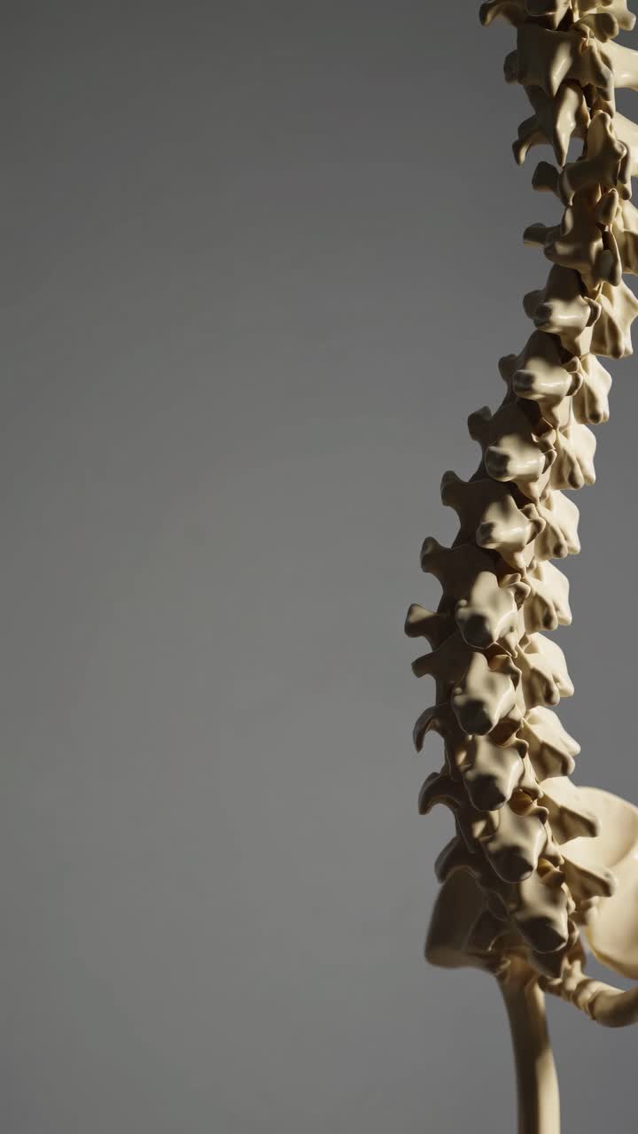 A close-up side view of a human spine model against a gray background, ideal for educational video
