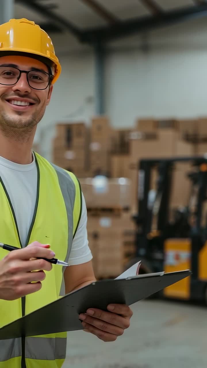 Vertical video: Stock check initiating clerk in vest in depot marking clipboard smiling, copy space