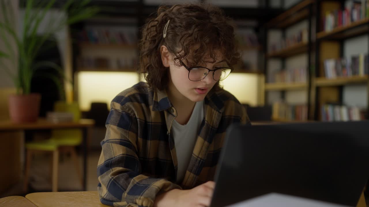Concentrated brunette girl with curly hair wearing glasses sits at a table and works on a laptop in the library