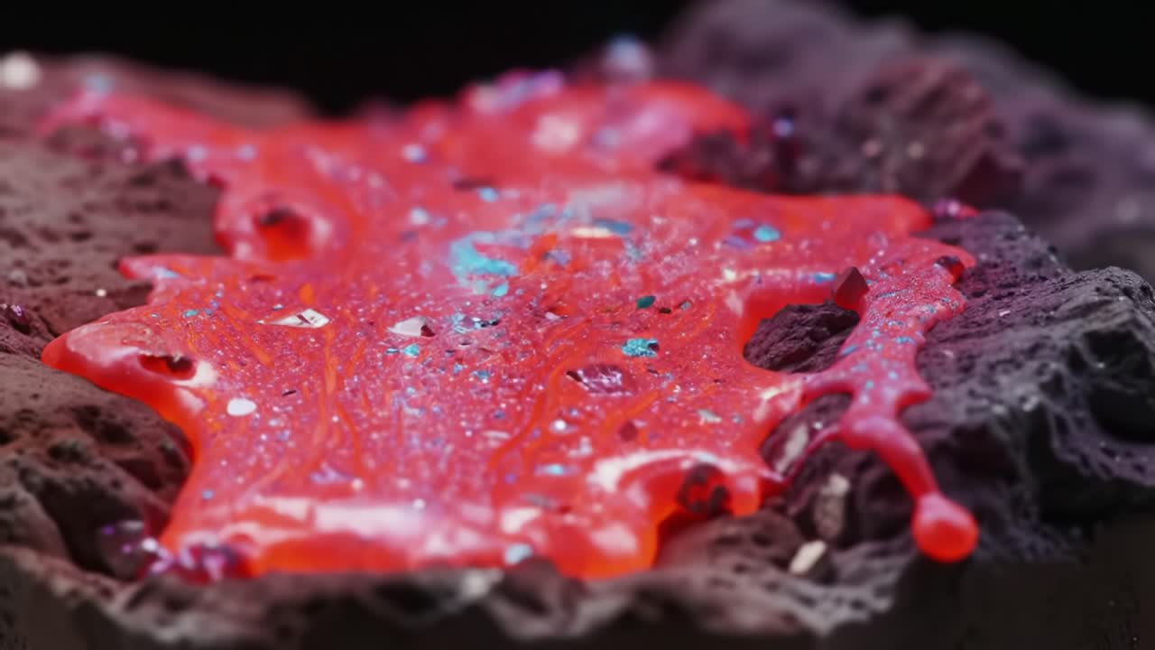 An Abstract Exploration of Vivid Colors and Textures in a Close-up Visual featuring a Glimmering Red Substance with Sparkling Particles on a Dark Background