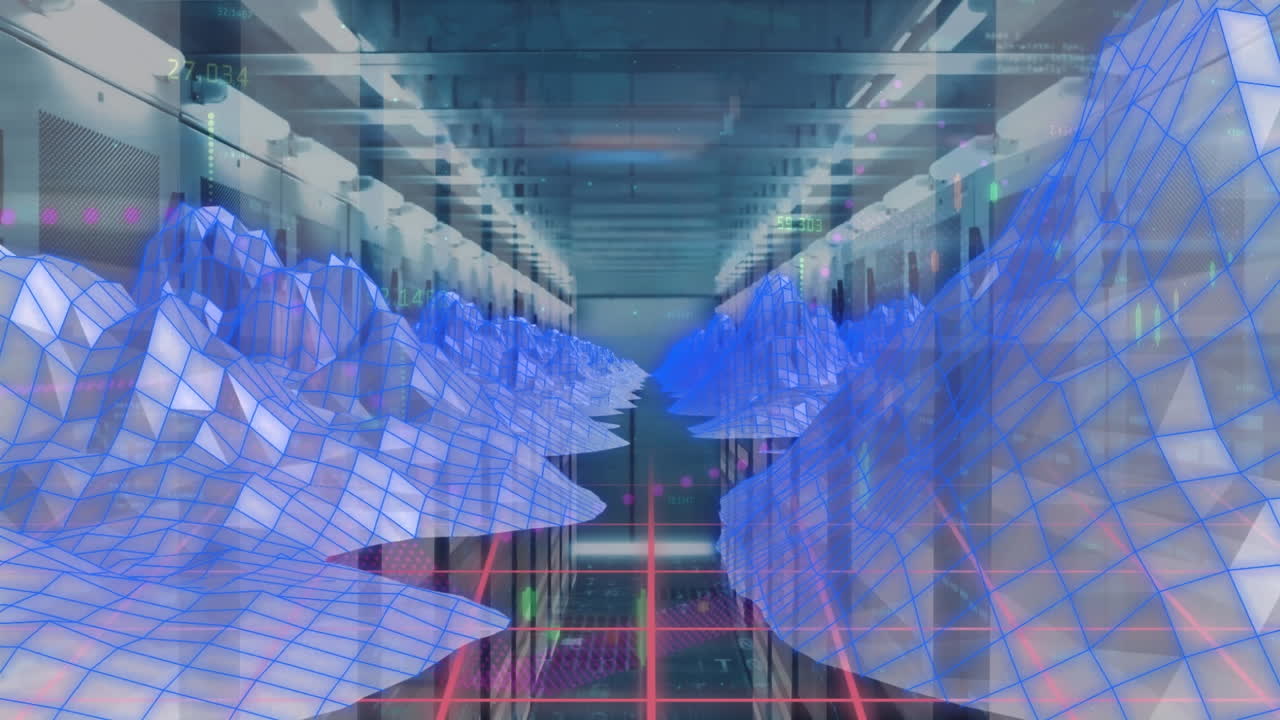 animación de montañas digitales sobre la sala del servidor