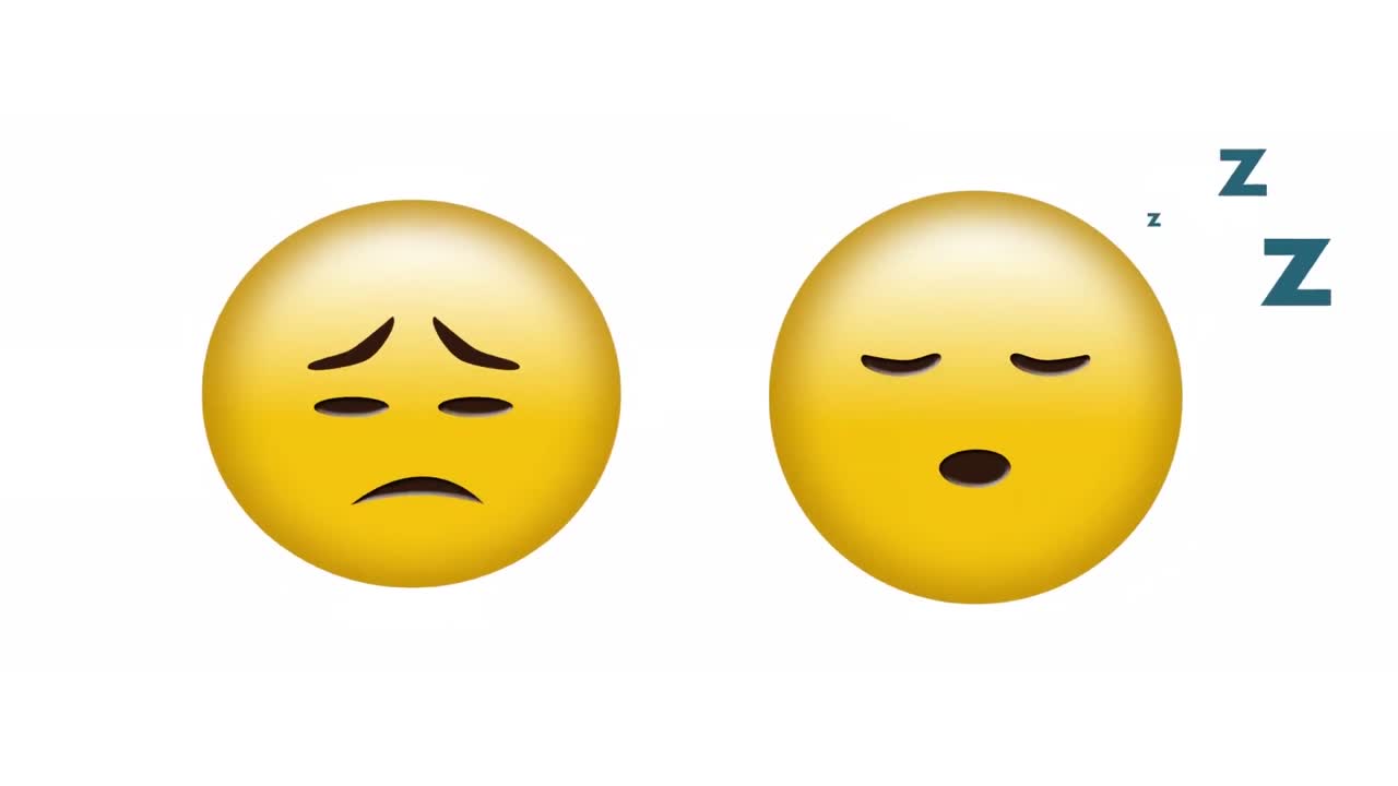 animación de iconos emoji tristes y durmientes sobre un fondo blanco