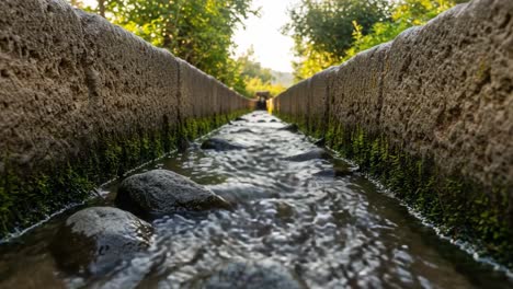 a serene view of flowing water in a natural channel surrounded by lush greenery and rocks, capturing the essence of tranquility and nature's beauty