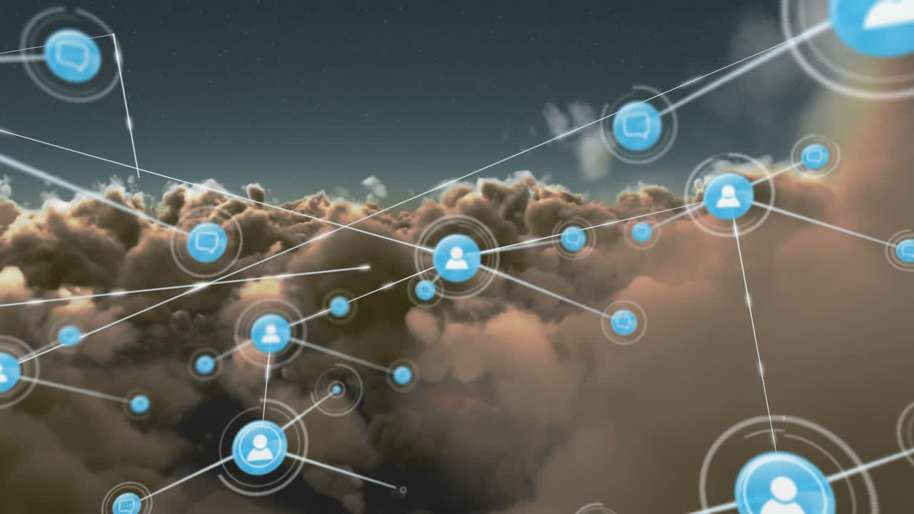 animación de redes de conexiones con iconos en el cielo