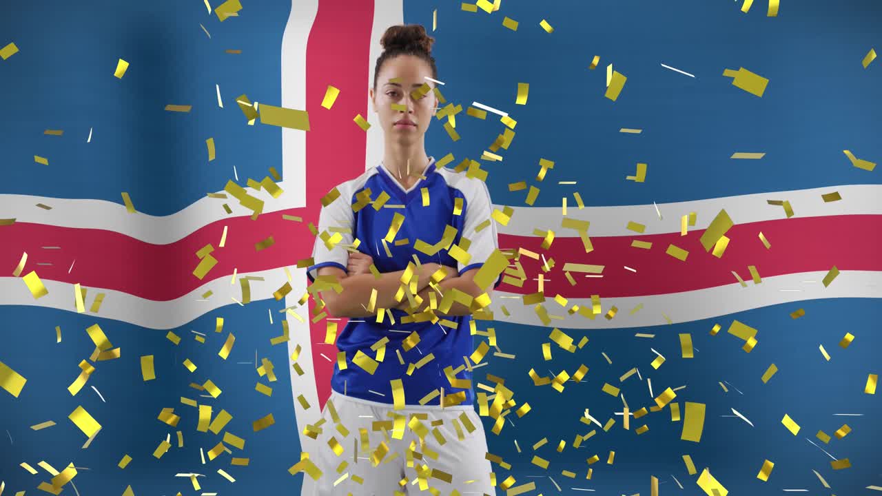 아이슬란드의  ⁇ 발 위에 두 인종의 여자 축구 선수의 애니메이션