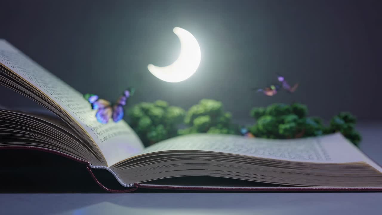 A magical scene with an open book, glowing crescent moon, and butterflies