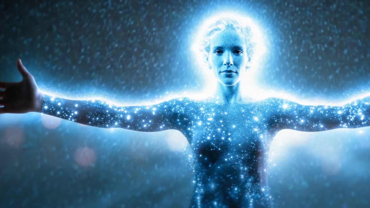 A stunning transformation showcasing a radiant figure surrounded by sparkling light particles, symbolizing energy, magic, and the power of the human spirit in motion