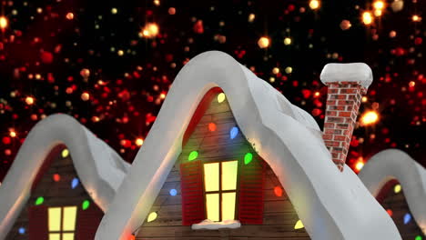 animación de nieve cayendo sobre las casas con luces de hadas