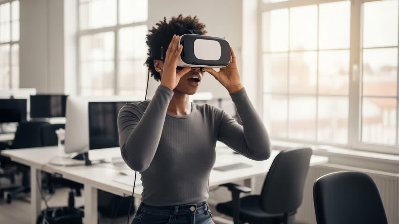 Una giovane donna sperimenta la realtà virtuale in un moderno ambiente d'ufficio, mostrando la fusione di tecnologia e vita quotidiana attraverso giochi e simulazioni immersive.