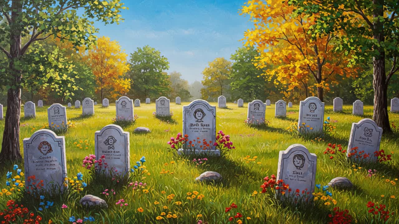 A Serene Autumn Cemetery Scene: Colorful Grave Markers Amidst Lush Greenery and Vibrant Flowers in a Tranquil Landscape