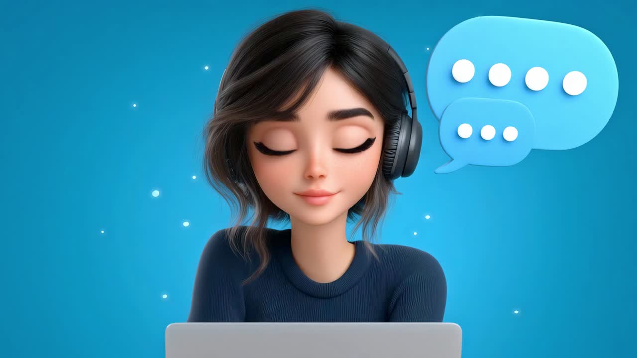 Cartoon woman with headphones chatting on laptop