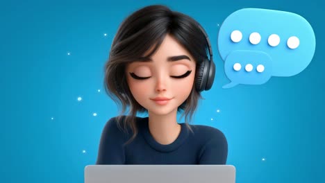 cartoon woman with headphones chatting on laptop