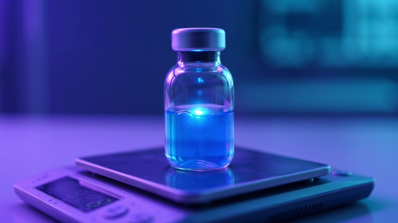 Scientific Vial with Glowing Blue Liquid on a Digital Scale