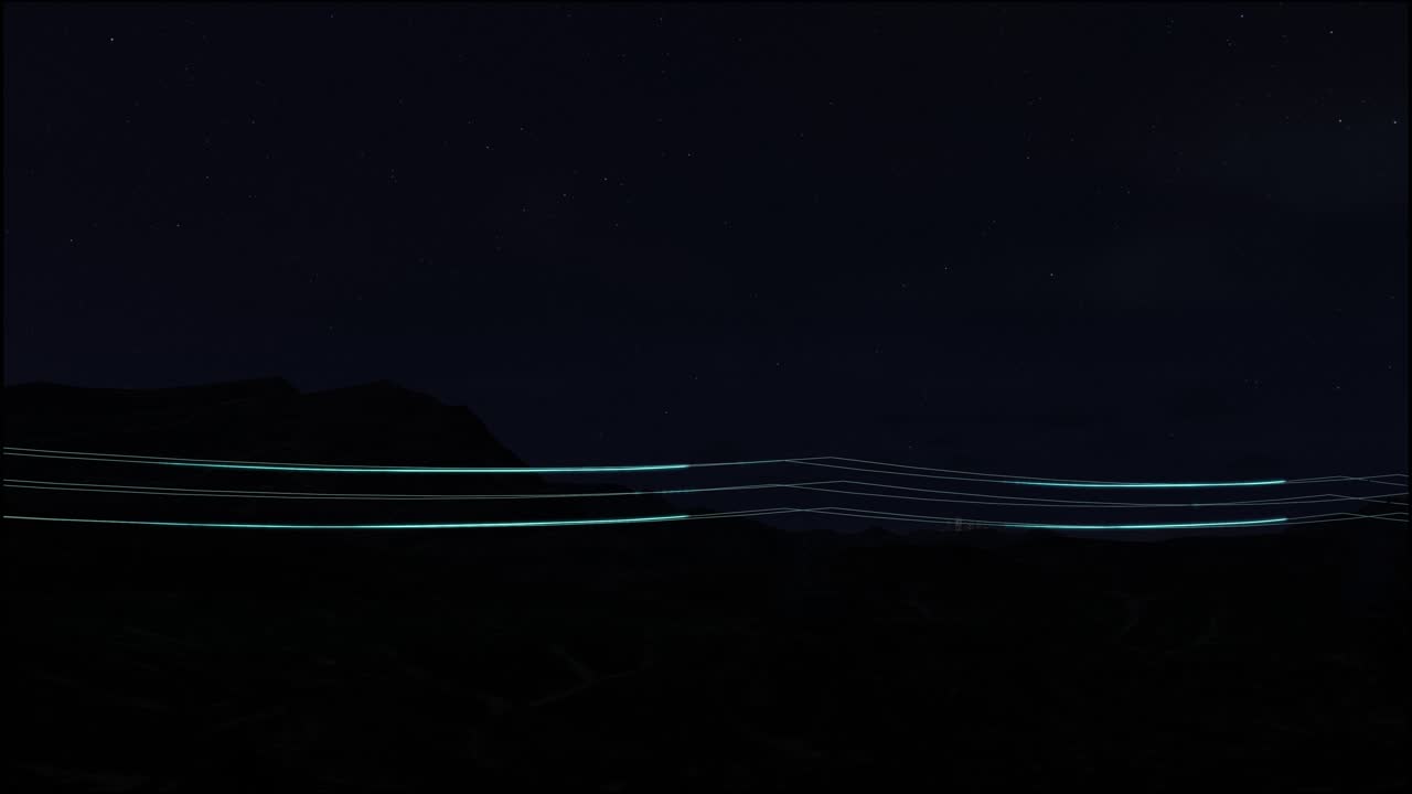 전기의 3d 디지털 시각화와 함께 전력 전송 라인, 밝은 별으로 가득 찬 밤 하늘의 풍경 영상, 재생 가능한 녹색 에너지와 깨한 생태 환경의 개념