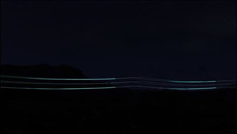 power transmission lines with 3d digital visualization of electricity. scenic footage with night sky full of bright stars. concept of renewable green energy and clean ecological environment