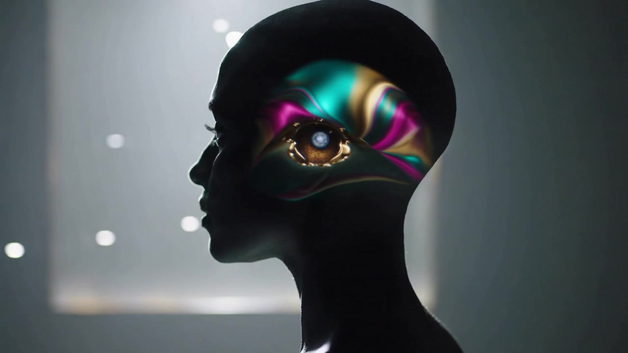 Reacting to colorful projection, bald model with matte paint turning in studio, revealing eye motif