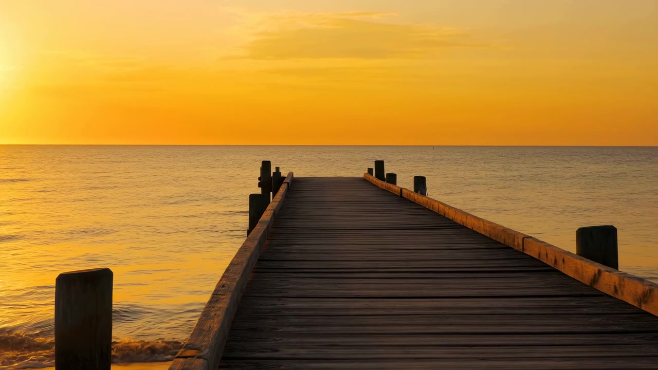 Pontile dorato al tramonto su mare calmo, molo di legno si estende nell'oceano tranquillo, cielo arancione caldo risplende