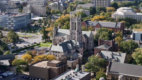 cleveland, ohio usa, drone shot, church of the covenant, landmark in suburbs on sunny day