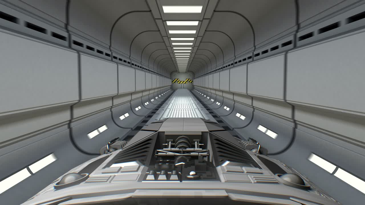 배경에 초록색 화면: 우주선이 공상과학 터널에서 날아 나갑니다, 3d 애니메이션