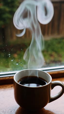 hot coffee by the window on a rainy morning