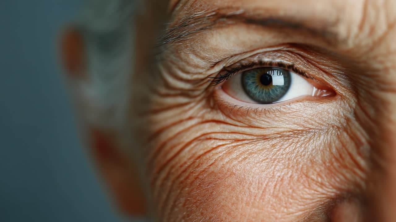 A Close-Up Exploration of Aging: The Intricate Textures and Emotions Reflected in the Eyes and Skin of a Mature Individual