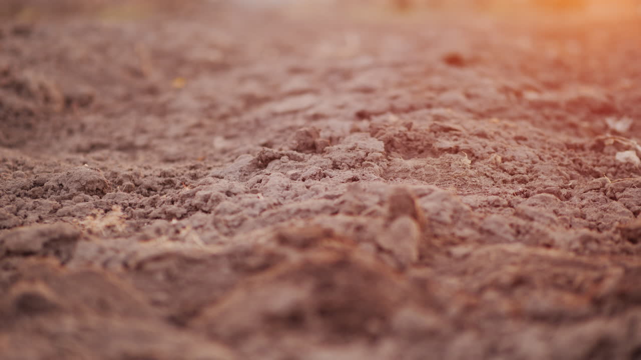 Un agricoltore con gli stivali cammina attraverso un campo arato, solo le gambe sono visibili nell'inquadratura