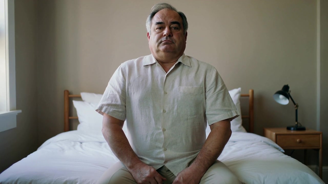 Uomo seduto in posizione eretta, con camicia color cachi e pantaloni chiari, che sistema la postura sul letto, preparandosi per la telecamera.