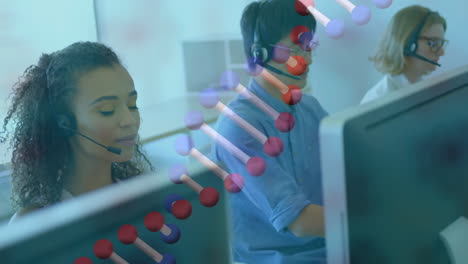animation of dna strand over diverse business people using phone headsets