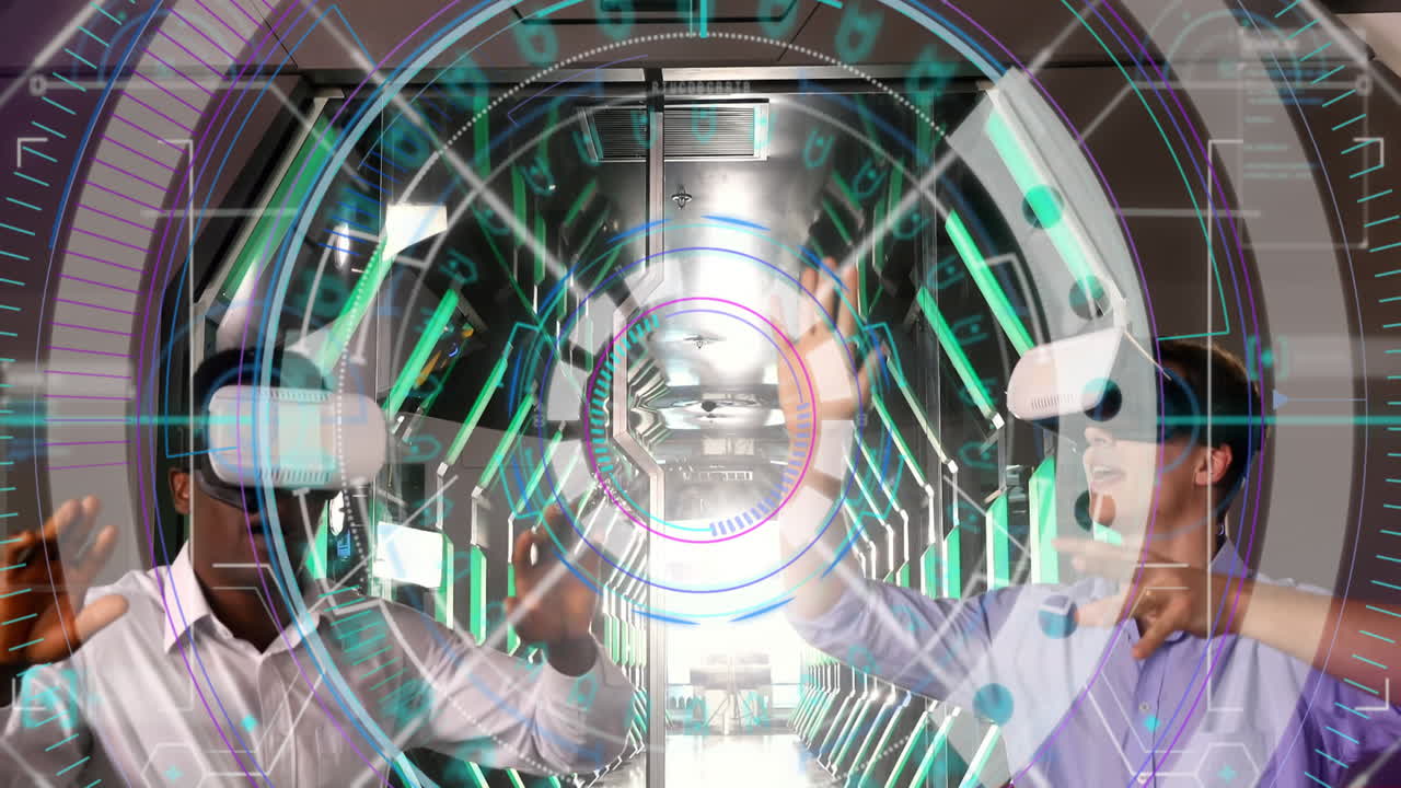 vr 헤드 ⁇ 을 착용하는 동안 두 명의 다양한 남자가 제스처링하는 데이터 처리 및 범위 스캐너