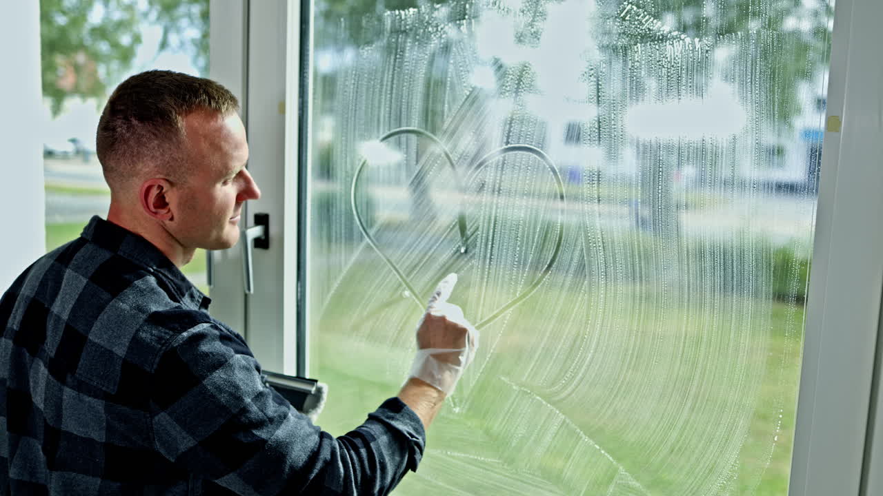 Mann im Hemd putzt Fenster zu Hause. Reinigungsmanager führt professionelle Fensterreinigung durch. Haushaltsreinigung.