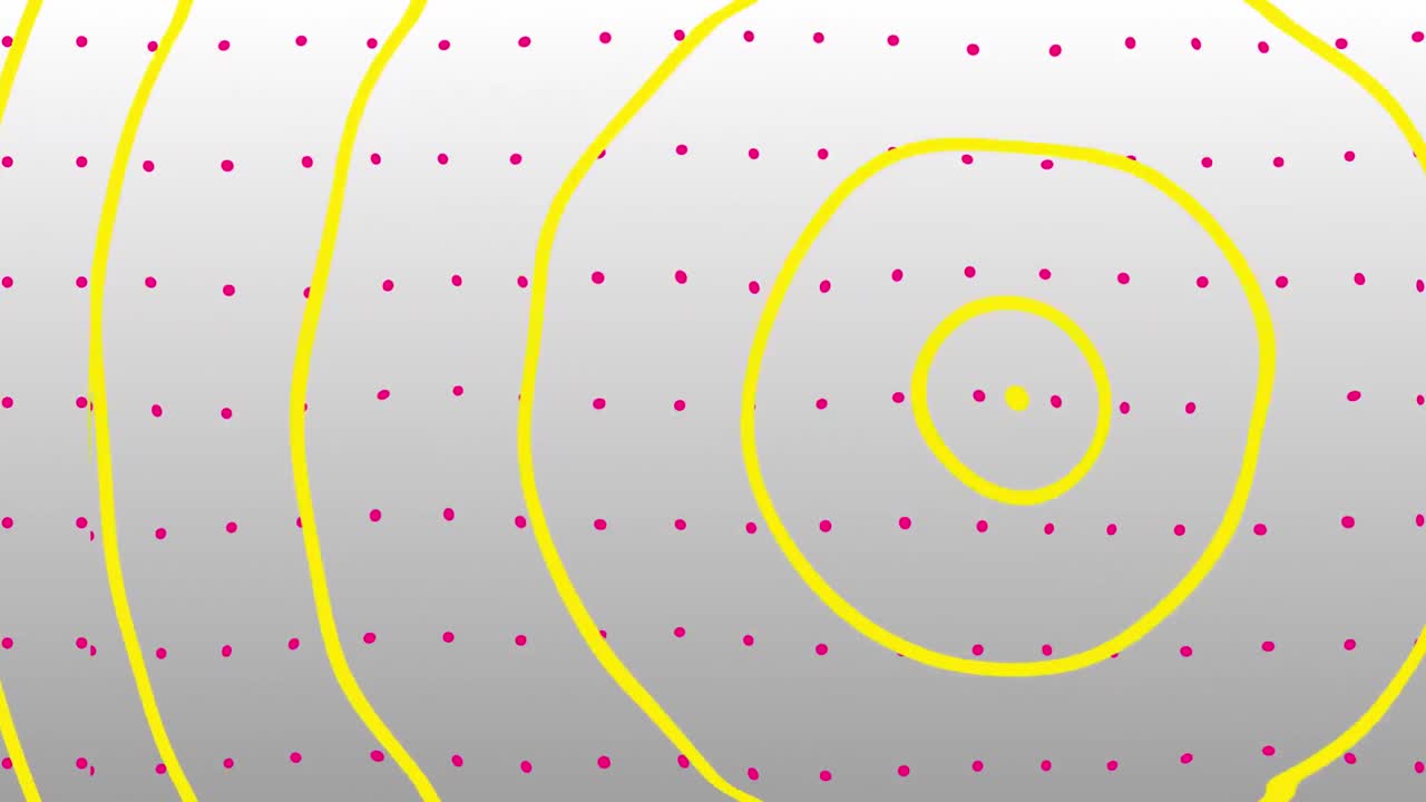핑크색 점과 함께  ⁇ 색 배경에 움직이는 손으로 그려진 노란색 동심 원의 애니메이션