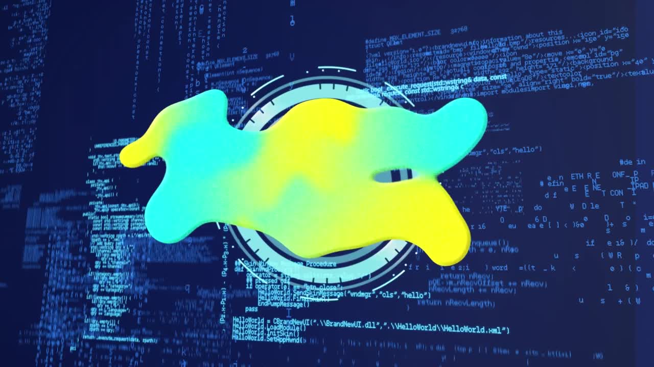 Animation of yellow and blue shapes and moving clock over data processing on blue background