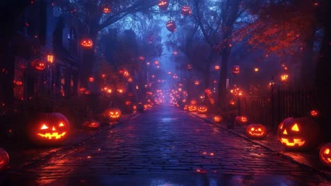 halloween street with jack-o'-lanterns