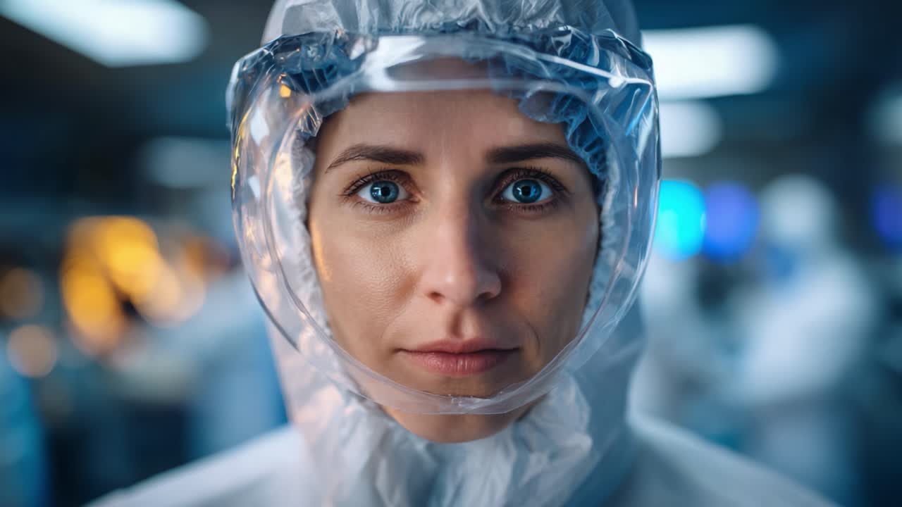 Konzentrierter Wissenschaftler in Schutzkleidung starrt aufmerksam, strahlt Entschlossenheit und Präzision in einer High-Tech-Laborumgebung aus, bereit für wissenschaftliche Durchbrüche