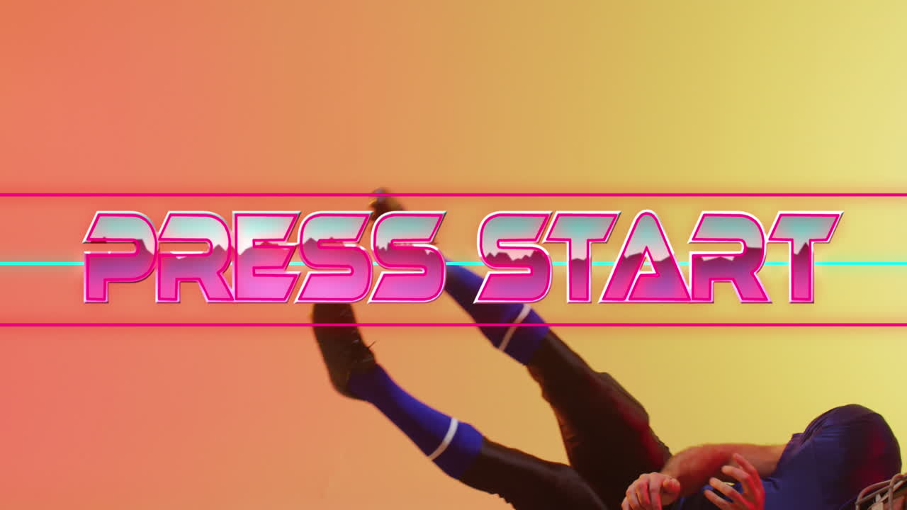 Animation of press start text and neon shapes over american football player on neon background