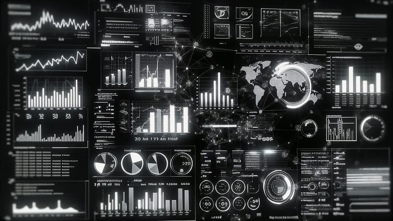 Futuristic Digital Data Interface with Charts and Global Network