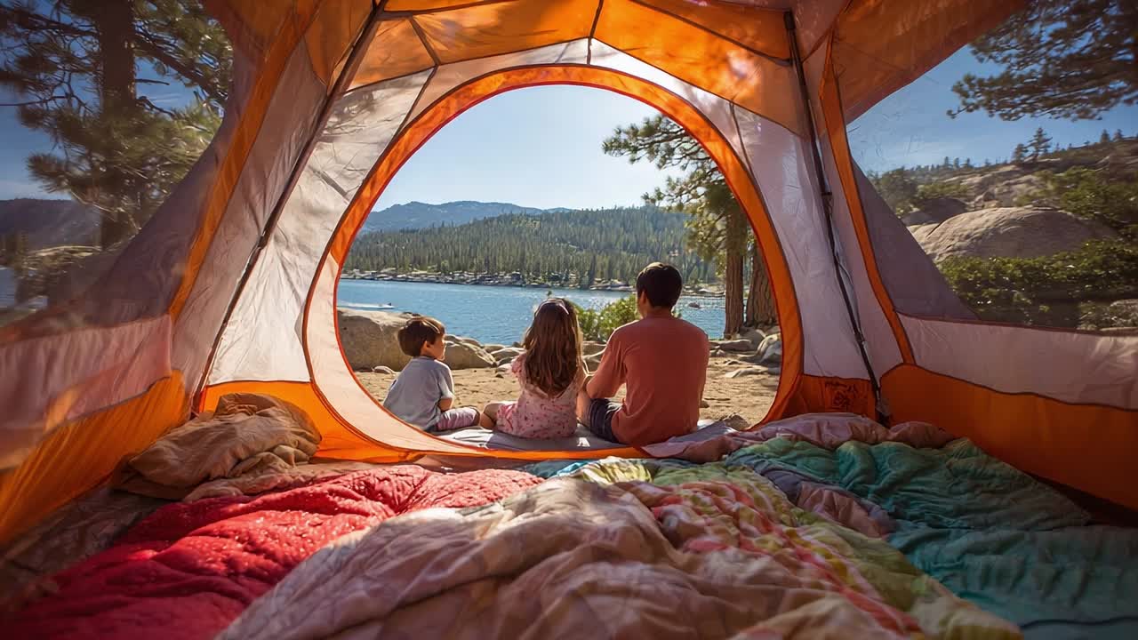Enjoying a peaceful morning view from a camping tent near the lake