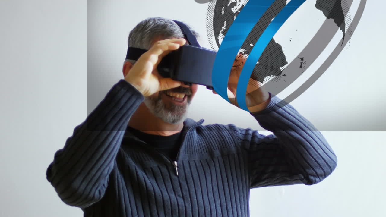 animación del globo con red de conexiones sobre el hombre utilizando auriculares vr