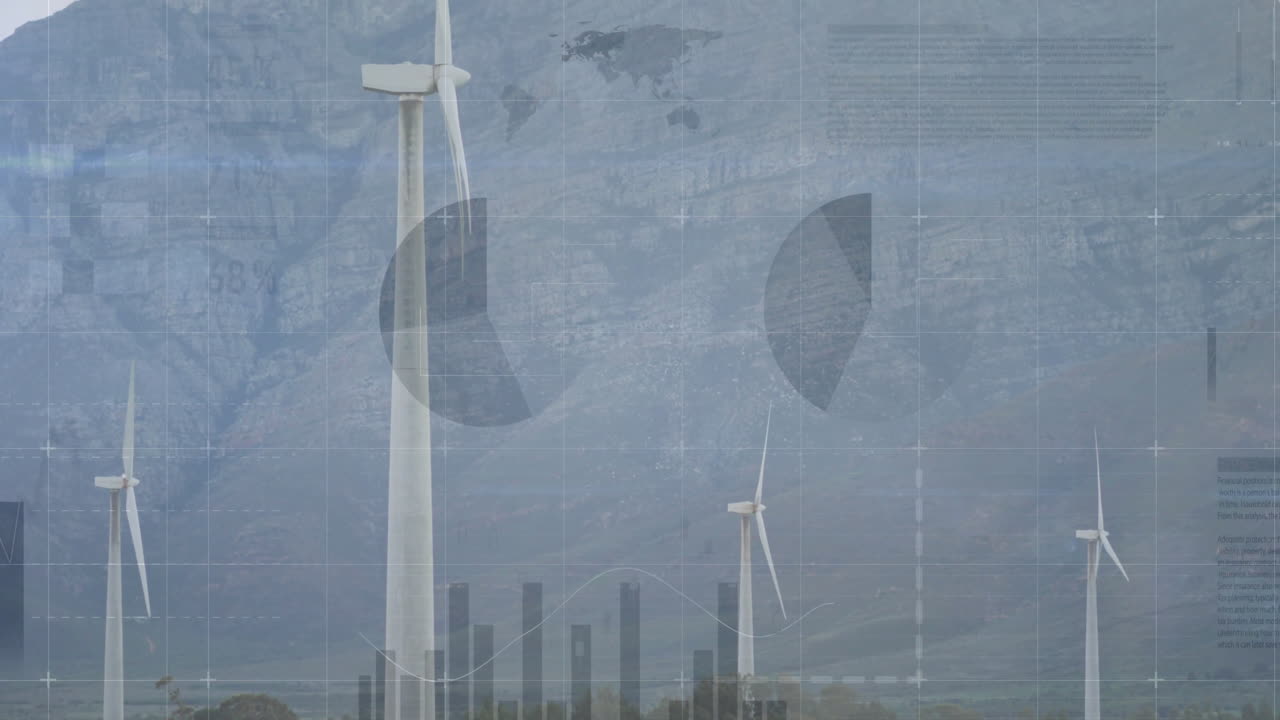 Renewable energy analytics being visualized in flat design wind farm, with turbine chart overlays
