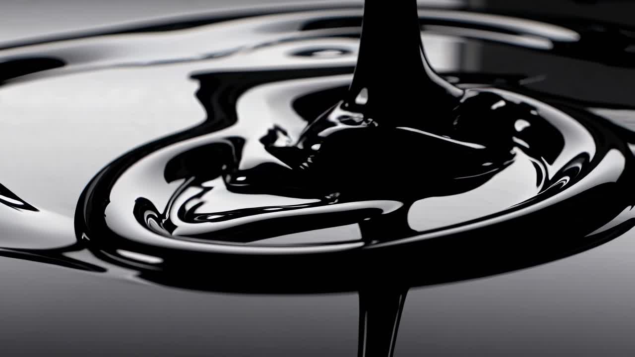 Close-up, high-angle shot of glossy black liquid swirling, creating abstract patterns
