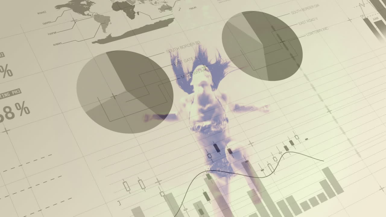 그래프, 곡선, 다이어그램, 정보가 많은 종이가 나타나는 동안 여자 수영