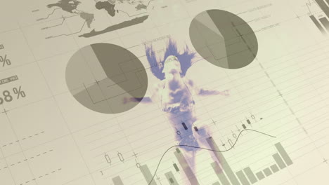 un montón de papeles con gráficos, curvas, diagramas, información mientras que la mujer nadando aparece