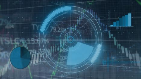 Animation-of-round-scanner-against-statistical,-financial-and-stock-market-data-processing