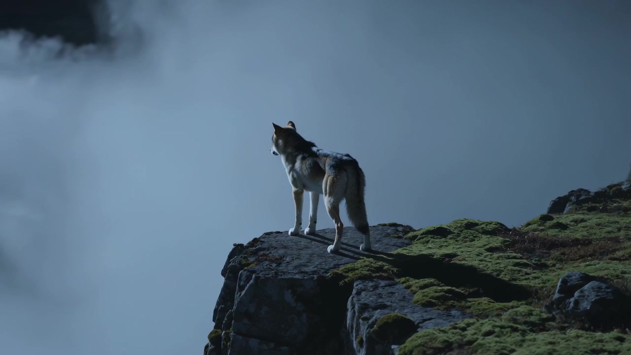 Perched wolfish canine shifting turning head stepping on mossy cliff as fog fills valley harness
