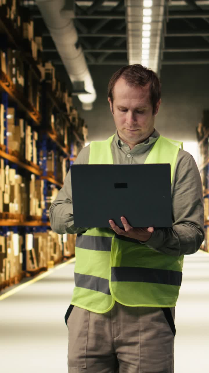 Video verticale: Membro del personale che utilizza un laptop per l'e-commerce, dettagli della spedizione in magazzino.