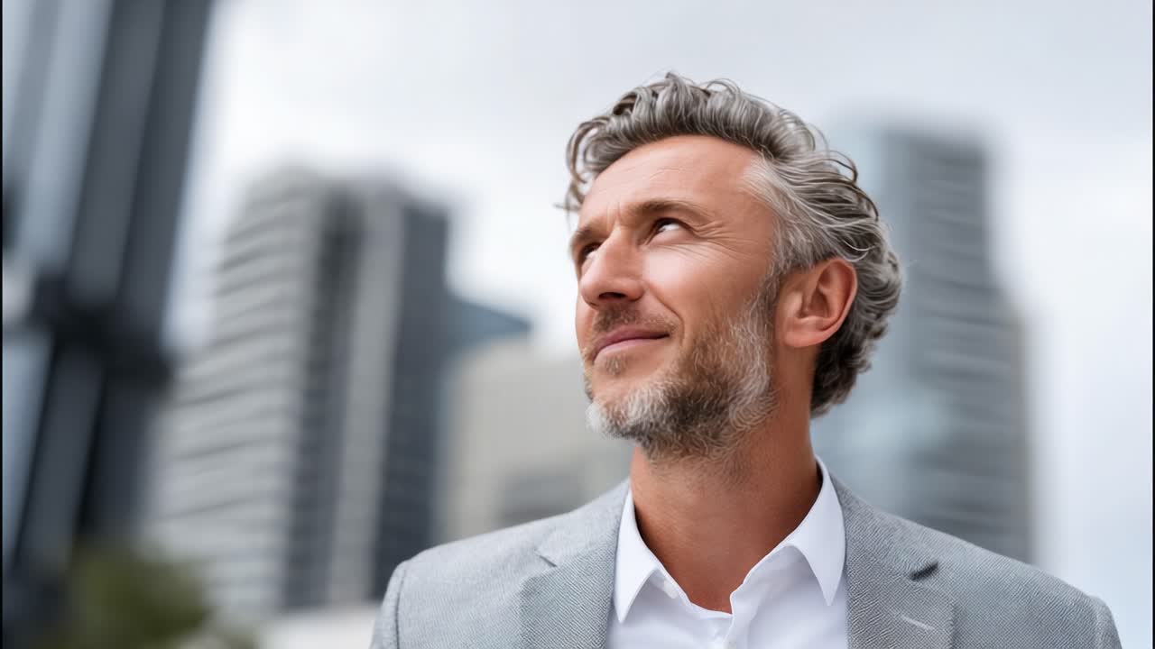A Man in a Grey Suit Gazes Upward with Optimism Against a Backdrop of Modern Urban Architecture, Embracing a Sense of Possibility and Inspiration