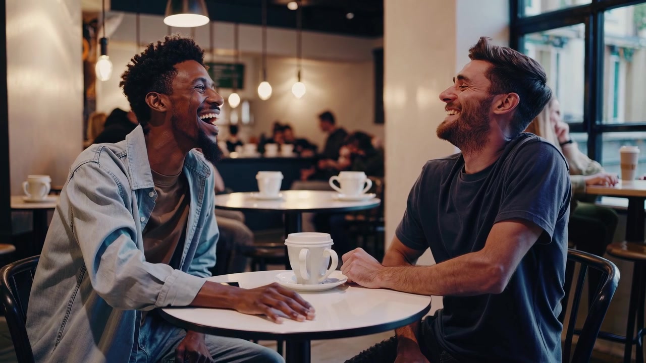 Two Friends Laughing and Talking in a Coffee Shop