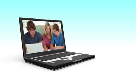 video de jóvenes en una computadora portátil contra un fondo azul