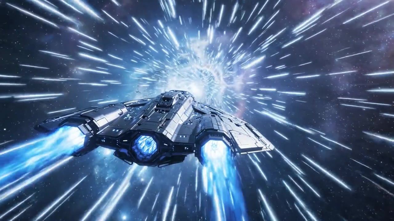 Et futuristisk rumskib engagerer sig i højhastighedsrejse gennem et kosmisk ormehul, der suser fremad midt i en smuk hvirvel af stjerner og strålende blå udstødningsflammer
